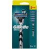 Opakowanie golarki z napisem "Gillette MACH3" zawiera ilustrację golarki oraz pięciu ostrzy, a w górnym rogu widnieje liczba "5" z ikoną ostrza. Na dole opakowania znajduje się oznaczenie "5 ⟶ 1".