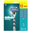 Opakowanie golarki z napisem "Gillette MACH3" oraz ilustracją golarki i 12 wymiennych ostrzy. Na opakowaniu widnieje liczba "12" w czerwonym polu oraz ilustracja ostrzy.