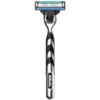 Na zdjęciu widoczna jest metaliczna golarka z czarnymi, gumowymi uchwytami i trzema ostrzami, z logo "Gillette" na rączce. Golarka ma elegancki, nowoczesny design z akcentami w kolorze niebieskim na ostrzach.