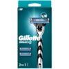 Opakowanie golarki z napisem "Gillette Mach3" przedstawia metaliczną rączkę z wymiennym ostrzem oraz dwoma dodatkowymi ostrzami. Na opakowaniu widnieje liczba "3" oraz ikona ostrza, a także oznaczenie "2 = 1".