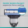 Na zdjęciu widoczna jest golarka z niebieskim paskiem nawilżającym, a obok znajduje się powiększenie tego paska. Na górze zdjęcia znajduje się tekst: "PASEK NAWILŻAJĄCY zapewnia łatwy poślizg".