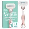 Na zdjęciu znajduje się różowo-złota golarka z białą głowicą oraz opakowanie w kolorze miętowym z napisem "Gillette Venus Deluxe Smooth Sensitive" i symbolem "1 + 1". Na opakowaniu widoczny jest również napis "Skin Cushion".