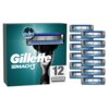 Na zdjęciu widoczne jest opakowanie ostrzy do golarki z napisem "Gillette Mach3" oraz liczba "12" wskazująca ilość sztuk. Obok opakowania znajduje się dwanaście pojedynczych ostrzy ułożonych w dwóch kolumnach.