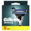 Opakowanie ostrzy do golarki z widocznym logo "Gillette Mach3" oraz ilustracją przedstawiającą ostrze z kroplą wody. Na dole opakowania znajduje się liczba "12" na żółtym tle.