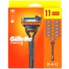 Opakowanie golarki Gillette Fusion5 z jedenastoma ostrzami, na pomarańczowym tle widoczna jest grafika golarki oraz ostrzy. Na opakowaniu znajdują się napisy: "Gillette Fusion5" oraz liczba "11" obok symbolu ostrzy.