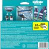 Opakowanie ostrzy do golarki z napisem "Gillette Mach3" zawiera ilustracje ostrzy oraz produktów do golenia, a także informację "20 = 20M" na żółtym tle. Na opakowaniu widnieje tekst w wielu językach, w tym "Made in Poland" oraz składniki produktu.