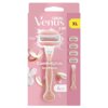 Różowe opakowanie golarki Gillette Venus Comfortglide Spa Breeze z widoczną golarką i czterema wymiennymi wkładami. Na opakowaniu znajdują się napisy: "Gillette Venus", "Comfortglide Spa Breeze", "Skin Cushion", "4" oraz oznaczenie "XL".
