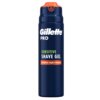 Na zdjęciu znajduje się ciemnoniebieska puszka z pomarańczowym przyciskiem na górze, z napisem: "Gillette PRO SENSITIVE SHAVE GEL ADVANCED GLIDE FORMULA".