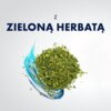 Na zdjęciu widoczny jest stos suszonych liści zielonej herbaty na tle niebieskiego pociągnięcia pędzlem. Nad nimi znajduje się tekst: "Z ZIELONĄ HERBATĄ".