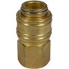 Zdjęcie przedstawia metalową szybkozłączkę w kolorze złotym, wykonaną z mosiądzu. Produkt ma cylindryczny kształt z widocznymi rowkami i metalowym pierścieniem na górze.