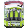 Przezroczyste opakowanie zawiera pięć wierteł Forstnera, ustawionych pionowo na czarnym stojaku. Na opakowaniu widnieje tekst: "kwb GERMANY GMBH", "5x", "15/20/25/30/35 MM", oraz ikony przedstawiające różne materiały do wiercenia i pięć gwiazdek z napisem