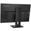 Czarny monitor marki Lenovo z widocznym logo "Lenovo" oraz "ThinkVision" na tylnej obudowie, zamontowany na prostokątnej podstawie. Na obudowie znajdują się przyciski i porty, a całość ma nowoczesny, minimalistyczny design.