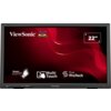 Monitor z czarną ramką, na ekranie widoczne logo "ViewSonic" oraz kolorowe ptaki, a także napisy: "Super CLEAR", "Multi Touch", "Eye ProTech" i "22"". Tło ekranu jest czerwone z falistymi wzorami.