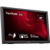 Monitor z czarną ramką wyświetla czerwony ekran z logo "ViewSonic" oraz trzema kolorowymi ptakami. Na ekranie widoczne są napisy: "SuperClear", "Multi Touch", "Eye ProTech" oraz "22"".