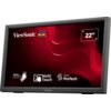 Monitor z czarną ramką, na ekranie widoczne logo "ViewSonic" oraz kolorowe ptaki, a także napisy: "SuperClear", "Multi Touch", "Eye ProTech" i "22"". Tło ekranu jest czerwone z abstrakcyjnymi wzorami.
