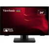 Monitor z czarną ramką, na ekranie widoczne jest logo "ViewSonic" z trzema kolorowymi ptakami oraz napis "Multi Touch" z ikoną dotyku. W prawym górnym rogu znajduje się oznaczenie "24”" na tle czerwonych, falistych wzorów.