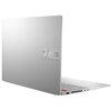 Srebrny laptop z widocznym logo "ASUS Vivobook" na obudowie, częściowo otwarty, z widocznymi portami i klawiaturą. Na obudowie znajduje się również napis "ASUS Vivobook Pro 16X OLED True Black True Fidelity".