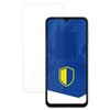 Na zdjęciu widoczny jest telefon z nałożonym szkłem ochronnym, a na ekranie telefonu znajduje się niebieska grafika z żółtą tarczą. Obok telefonu umieszczone jest przezroczyste szkło hybrydowe.