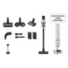 Na zdjęciu znajduje się zestaw akcesoriów do odkurzacza, w tym różne końcówki, baterie oraz automatyczna stacja czyszcząca. Obok odkurzacza widoczny jest napis: "Automatyczna stacja czyszcząca".
