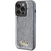 Etui na telefon pokryte jest srebrnymi cekinami, które tworzą błyszczącą powierzchnię. Na dole etui znajduje się złote logo z napisem "Guess".