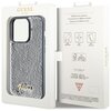 Opakowanie zawiera srebrne etui z cekinami, z widocznym złotym napisem "Guess" na dole. Na wewnętrznej stronie opakowania znajdują się piktogramy z napisami: "Drop Protection", "Slim Profile", "Easy Snap-On", oraz tekst "Mobile phone accessory" w kilku ję