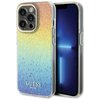 Etui na telefon o wielokolorowym, iryzującym wzorze z geometrycznymi kształtami, przechodzącymi od żółtego do niebieskiego. Na etui widnieje napis "GUESS EST. 1981".