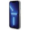 Przedstawione jest etui na telefon z przezroczystymi krawędziami, które ukazuje ekran urządzenia z niebieskim, abstrakcyjnym wzorem świetlnym. Na boku etui widoczny jest przycisk, a całość ma elegancki, nowoczesny wygląd.