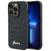 Czarne etui na telefon z teksturowaną powierzchnią i metalicznym napisem "Guess" w dolnej części. Obok etui widoczny jest telefon z wyświetlaczem pokazującym niebieski wzór świetlny.