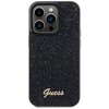 Czarne etui na telefon pokryte jest błyszczącymi, drobnymi kryształkami, które tworzą teksturowaną powierzchnię. Na dole etui znajduje się metaliczny napis "Guess".