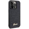 Czarne etui na telefon z teksturowaną powierzchnią, ozdobione złotym napisem "Guess" w dolnej części. Etui jest dopasowane do modelu telefonu z trzema obiektywami aparatu i lampą błyskową.