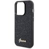 Czarne etui na telefon z teksturą przypominającą drobne, błyszczące kamienie. Na dole etui widnieje złoty napis "Guess".