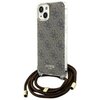 Etui na telefon z brązowym wzorem 4G i logo "GUESS EST 1981" na dole. Do etui dołączony jest brązowy sznurek z metalowymi końcówkami.