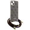 Etui na telefon z brązowym wzorem 4G, ozdobione logo "GUESS EST 1981" w dolnej części. Do etui przymocowany jest brązowy sznurek z metalowymi końcówkami.