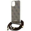 Brązowe etui na telefon z nadrukiem 4G i logo "GUESS" na dole, wykonane z przezroczystego materiału. Do etui dołączony jest brązowy sznurek z metalowymi końcówkami.