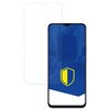 Przezroczyste szkło hartowane jest umieszczone obok smartfona, na którego ekranie widoczna jest niebieska grafika z żółtą tarczą. Produkt to "Szkło hartowane 3MK HardGlass do Honor 70 Lite".