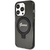 Czarne etui na telefon z brokatowym wykończeniem, wyposażone w okrągły uchwyt z napisem "Guess". Etui jest przeznaczone do modelu Apple iPhone 15 Pro i posiada funkcję MagSafe.