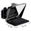 Na zdjęciu znajduje się teleprompter z widocznym tekstem na ekranie, który brzmi: "Teleprompter from can help you to solve teleprompter can help you to reading words easily ing video. Live and more fluent text is too troublesome with". Pod urządzeniem zna