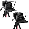 Na zdjęciu widoczny jest teleprompter ULANZI RT02 zamontowany na statywie z aparatem fotograficznym. Na ekranie telepromptera wyświetlany jest tekst: "using a teleprompter from can help you to solve The teleprompter can help you of forgetting words easily