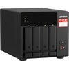 Czarny serwer plików QNAP z czterema zatokami na dyski, posiadający panel z diodami oznaczonymi jako STATUS, LAN i USB. Na obudowie widoczne jest logo QNAP oraz etykieta z napisem "TS-x73A RYZEN".
