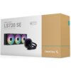 Pudełko produktu "Chłodzenie wodne DEEPCOOL LS720 SE Czarny" z serii Infinity, z grafiką przedstawiającą chłodzenie z trzema wentylatorami RGB i logo "DeepCool" na brązowym tle. Na opakowaniu widnieje napis "ANTI-LEAK TECH INSIDE" oraz "360mm Liquid CPU Cooler".