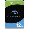 Na zdjęciu widoczny jest dysk twardy z etykietą, na której znajduje się logo "SEAGATE" oraz napis "SKYHAWK AI" z symbolem ptaka. Na dole etykiety widnieje oznaczenie pojemności "12 TB".