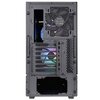 Czarna obudowa komputerowa z widocznymi otworami wentylacyjnymi i miejscem na wentylatory, z tyłu widać podświetlenie RGB. Na obudowie znajduje się logo "Thermaltake".