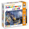 Pudełko gry planszowej "Gra na kodowanie Zakodowany zamek" przedstawia ilustrację zamku z czarodziejem i duchem na tle nocnego nieba. Na opakowaniu widnieje logo "Kapitan Nauka" oraz informacje: "4-10 lat", "1+ więcej graczy", "15-20 minut", a także ikony