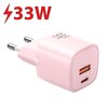 Różowa ładowarka sieciowa z dwoma portami: USB-A i USB-C, z widocznym napisem "33W" oraz symbolem błyskawicy. Na obudowie znajduje się logo producenta.