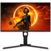 Monitor z wyświetlaczem przedstawiającym postać w futurystycznym stroju na tle pomarańczowego krajobrazu z elementami technologicznymi. Na dolnej ramce monitora widoczne jest logo "AOC".