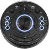 Czarny panel sterowania z centralnym pokrętłem otoczonym niebieskim podświetleniem, z przyciskami oznaczonymi jako BASS, MIC VOL, ECHO, 10/FOLD, EQ oraz portami AUX IN, MIC1, MIC2, USB i USB CHARGE. Na dole widoczne są przyciski OPEN/CLOSE, PROG./P-MODE, 