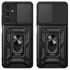 Czarne etui TECH-PROTECT CamShield Pro do Samsung Galaxy A05S przedstawione jest z przodu i z tyłu. Na tylnej części etui widoczny jest przesuwany element osłaniający aparat oraz centralnie umieszczony uchwyt w kształcie pierścienia.