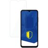 Na zdjęciu widoczne jest szkło hartowane obok smartfona z niebieskim ekranem, na którym znajduje się żółto-niebieska tarcza. Produkt to "Szkło hartowane 3MK HardGlass do Samsung Galaxy A05s".