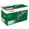 Zielone opakowanie szlifierki mimośrodowej z widocznym logo "BOSCH" oraz modelem "PEX 220 A". Na opakowaniu znajdują się informacje: "220W", "24000 OPM", "Ø125 mm", "3 Year Guarantee" oraz zdjęcia przedstawiające urządzenie w użyciu.