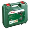 Zielona walizka z czerwonymi zatrzaskami, na której widnieje etykieta z napisem "BOSCH EasyImpact 18V-40" oraz zdjęciem wiertarko-wkrętarki. Na etykiecie znajdują się również informacje: "18V", "40 Nm", "13 mm", "3 Year Guarantee" i zdjęcie osoby używając